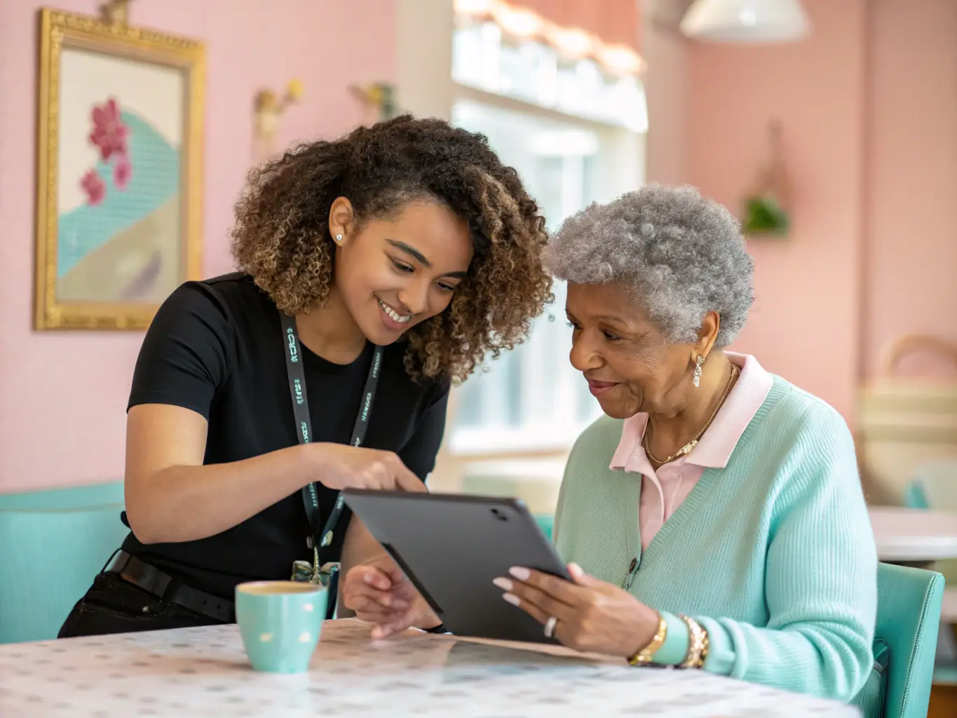 A friendly technician assisting an elderly person with an iPad in a cozy living room setting, demonstrating personalized in-home Apple support.