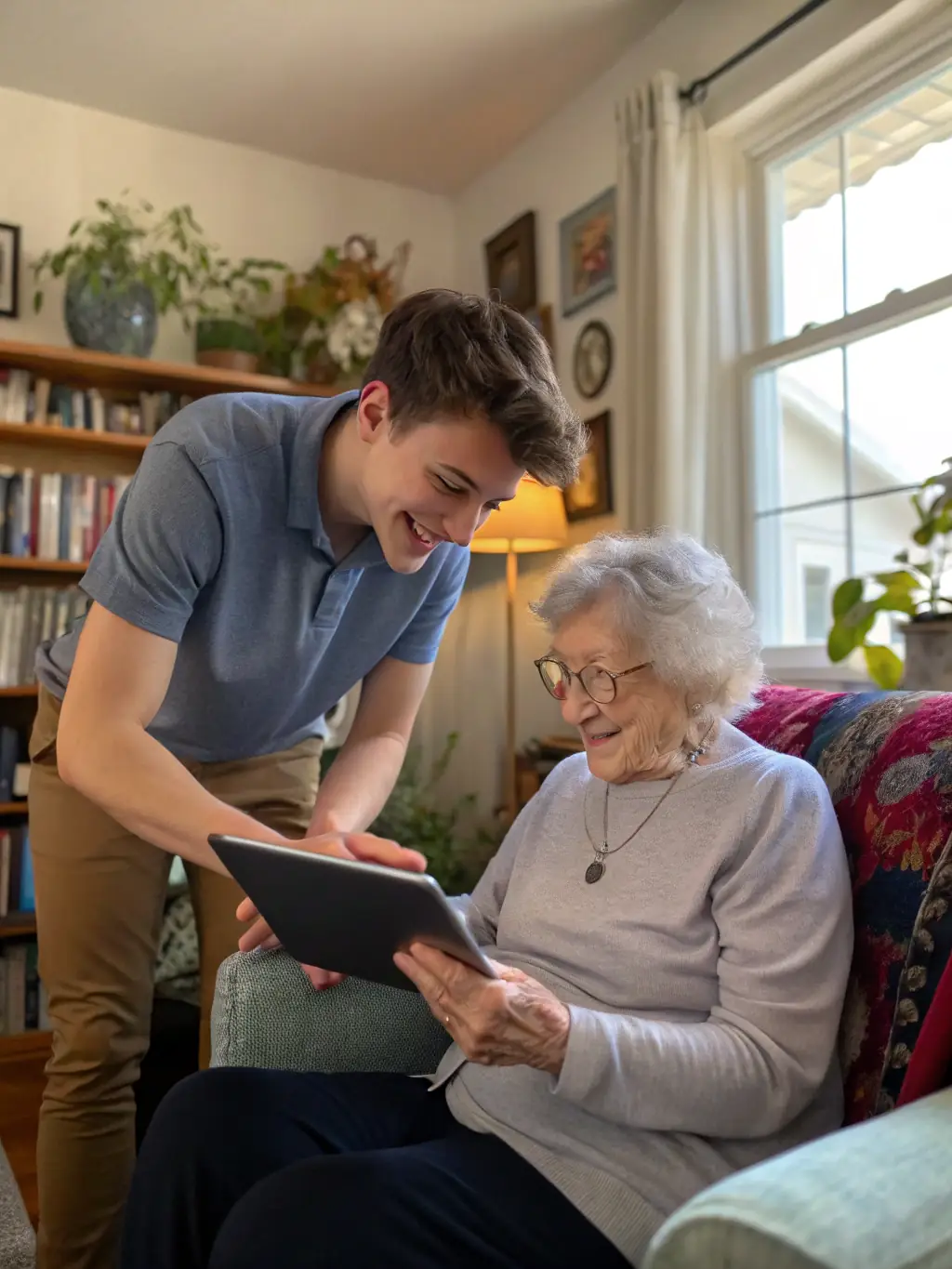 A senior woman smiling while Geoff Wardle, a friendly tech consultant, sets up her new iPad in her living room. The scene is warm and inviting, emphasizing the personal touch of SeniorMacHelp.