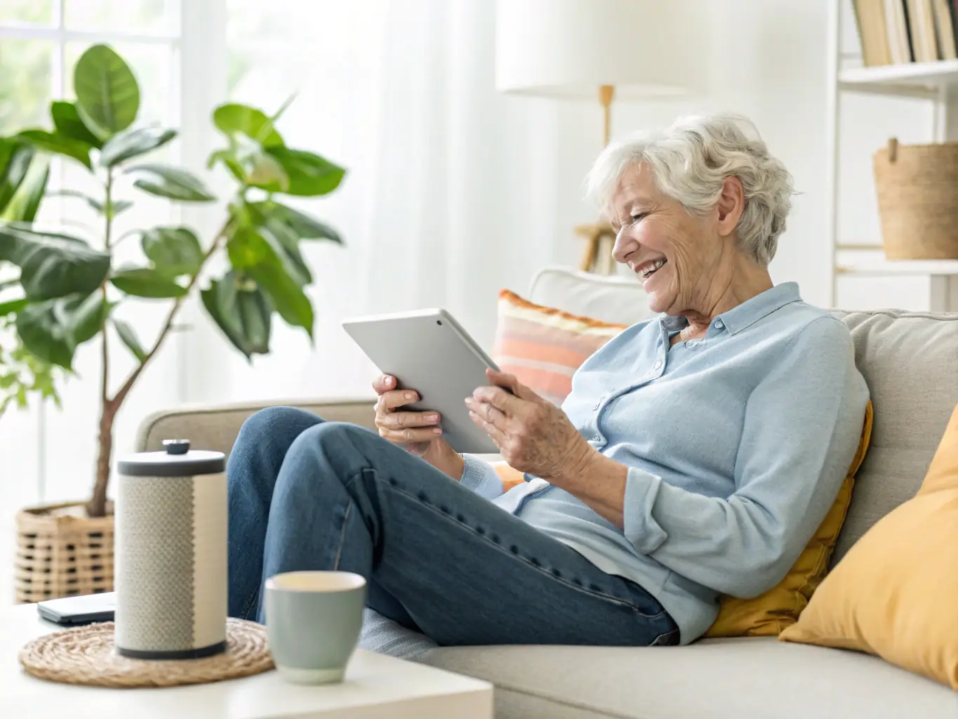 An elderly person happily browsing organized photo albums on an iPad with assistance from Geoff, highlighting photo organization and management services.